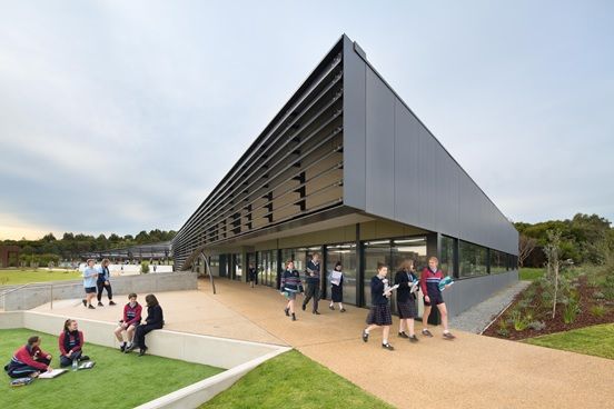 Students outside the Newhaven College senior school building, Phillip Island